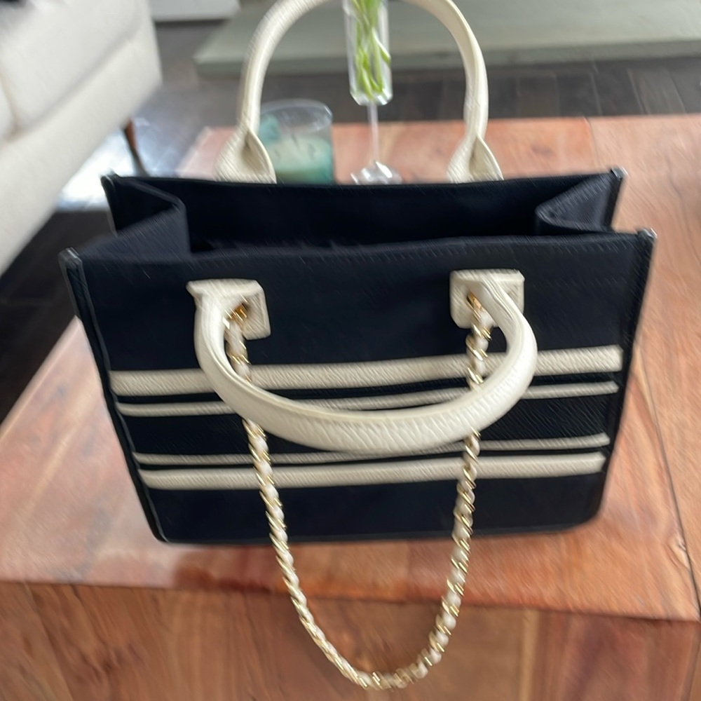 NWOT black cream striped bag